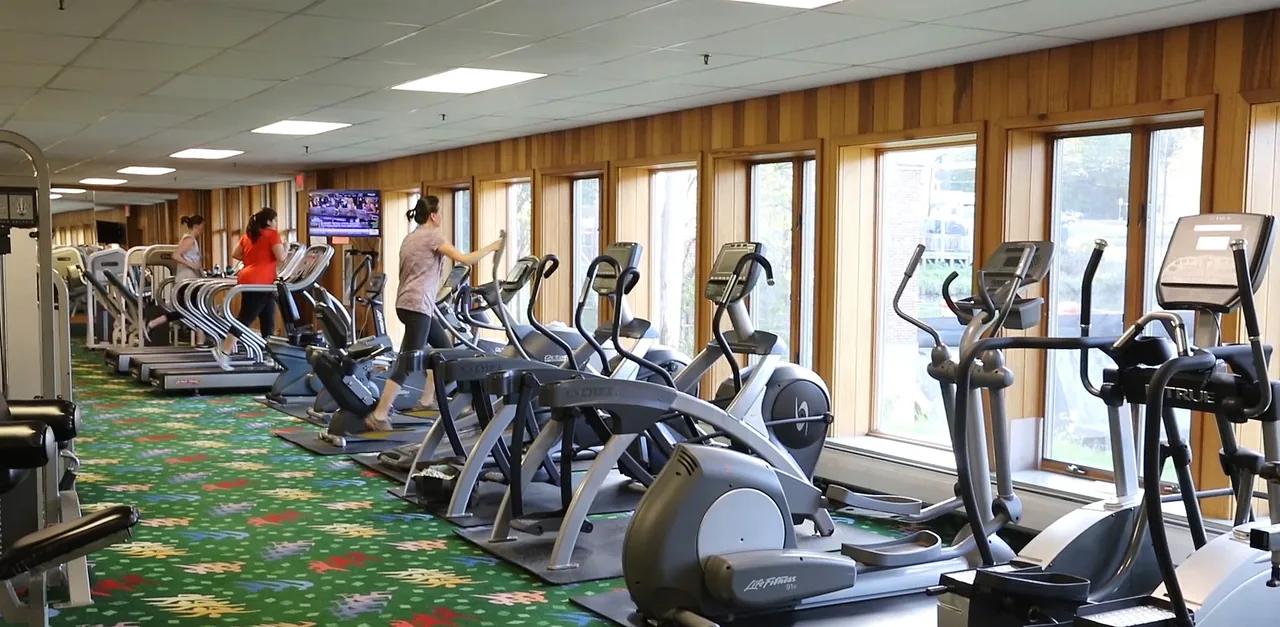 Members on the cardio machines by the windows at RecFit