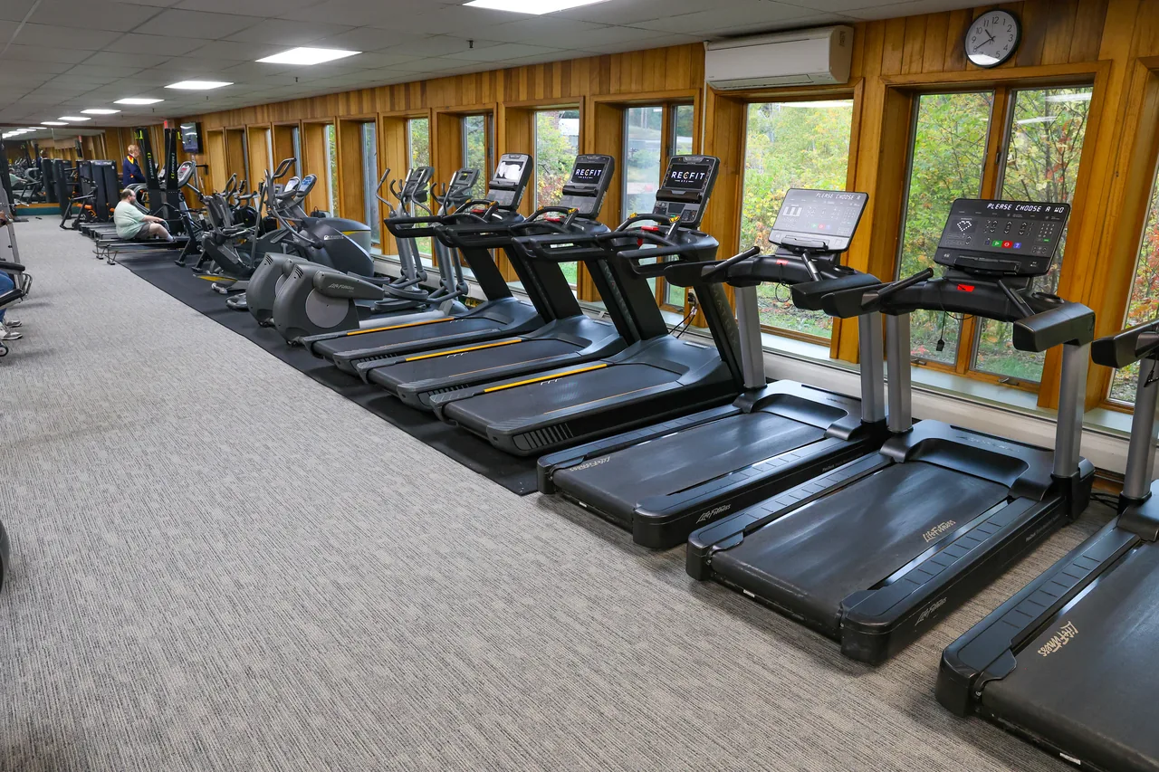 The long cardio floor by the windows: treadmills in front, ellipticals behind
