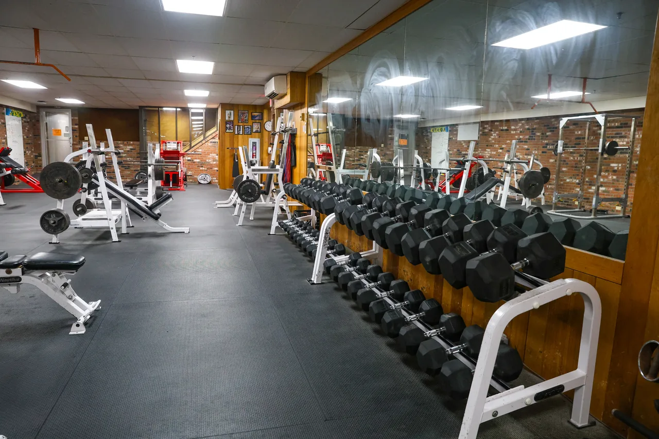 RecFit's weight room: benches, plate-loaded machines and a long dumbbell rack